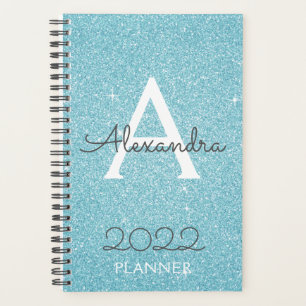 2022 Teal Aqua Blauwe Glitter Glans Monogram Planner