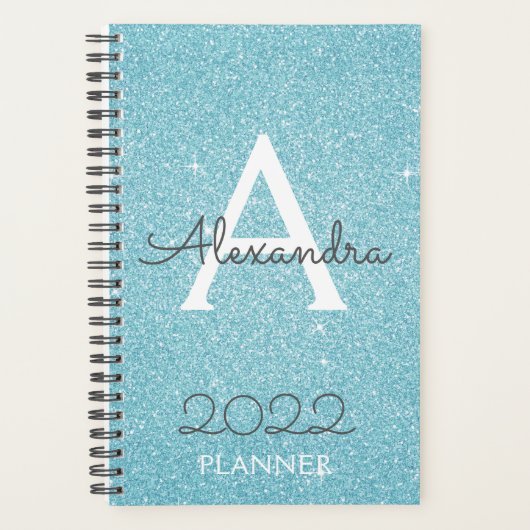2022 Teal Aqua Blauwe Glitter Glans Monogram Planner (Voorkant)