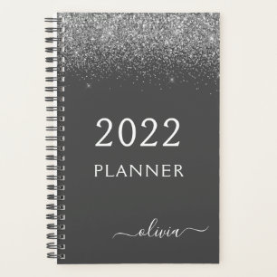 2022 Zilveren Grijze Meisjesachtige Glitter Monogr Planner