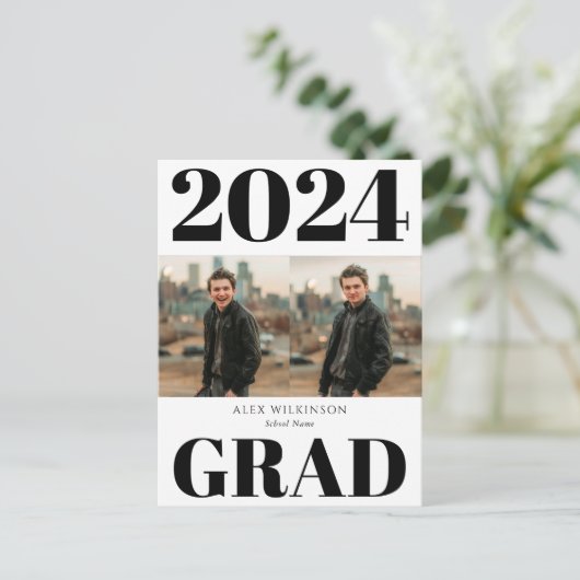 2022Black White Modern Simple Script 2 Photo Afstu Uitnodiging Briefkaart (Staand voorkant)