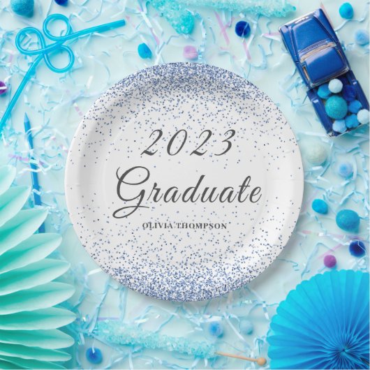 2023 Afstuderen Blue Glitter Papieren Bordje (Feest)