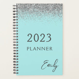 2023 Aqua Blauwe Teal Zilveren Glitter Monogram Planner