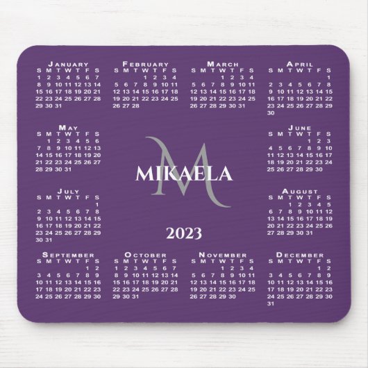 2023 Calendar Chic Monogram Name on Paars Muismat (Voorkant)