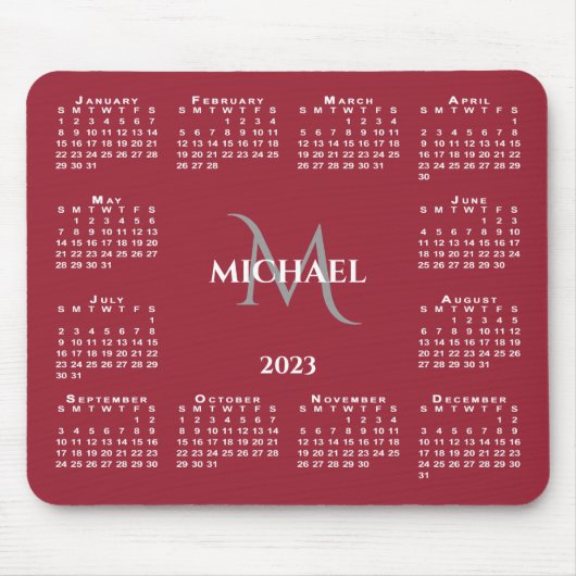 2023 Calendar Chic Monogram Name on Red Muismat (Voorkant)