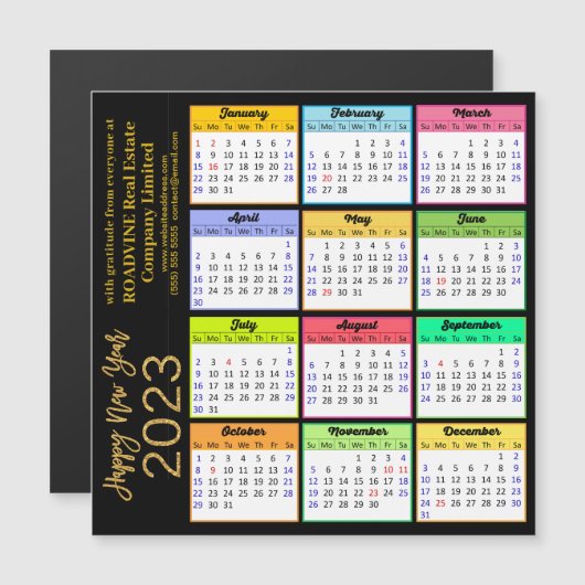 2023 Calendrier moderne Gold Script Magnet d'affai (Devant / Derrière)