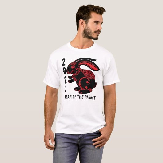 2023 Chinees jaar van de konijn, zwart rood T-shirt (Voorkant volledig)