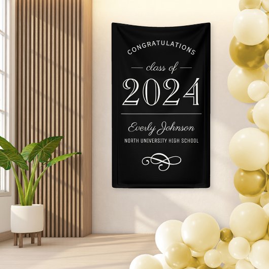2023 Elegant zwart-wit, aangepast Afstuderen Spandoek