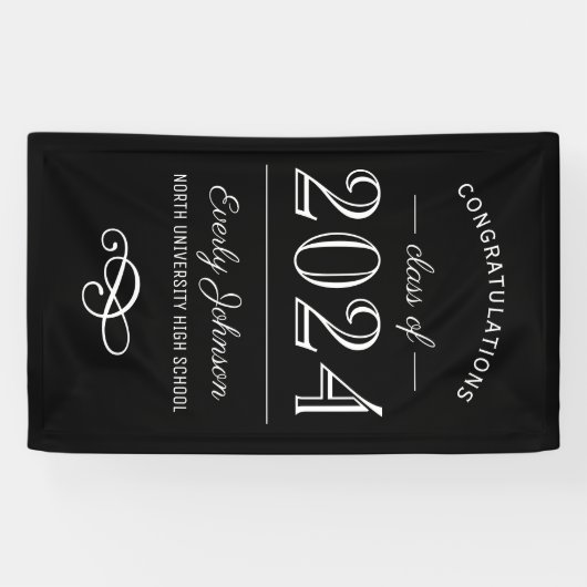 2023 Elegant zwart-wit, aangepast Afstuderen Spandoek (Horizontaal)