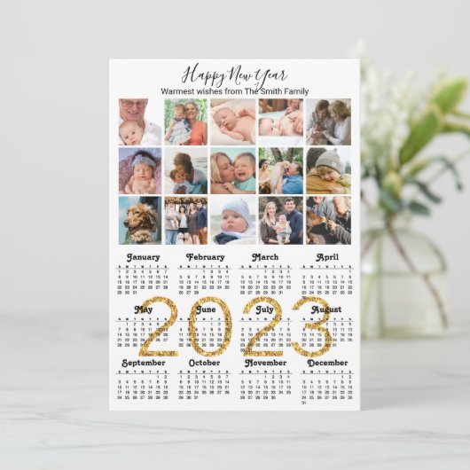 2023 Gold Script Calendar Photo Collage Modern Feestdagenkaart (Staand voorkant)