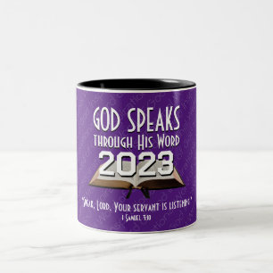 2023 IEDERE JAAR Paarse Gods Word Bijbel Christeli Tweekleurige Koffiemok