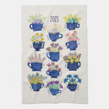 2023 jaar Tea Towel Flowers in Tea Cups Tea Lovers
