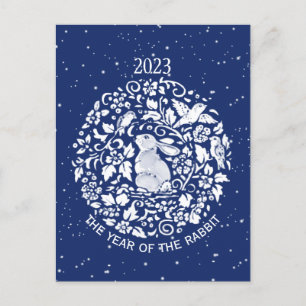 2023 Jaar van het konijnenblauw Witte Lunar Holida Feestdagenkaart