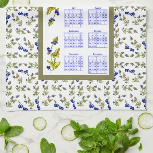 2023 Kalender Bosbessen Gestempelde Bladeren, wit Theedoek (Gevouwen)