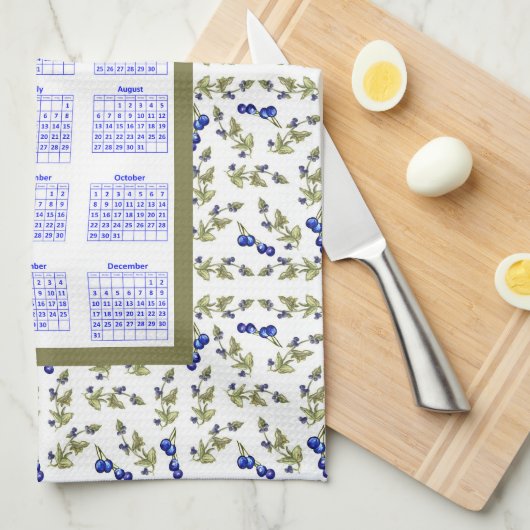 2023 Kalender Bosbessen Gestempelde Bladeren, wit Theedoek (Quarter Fold)