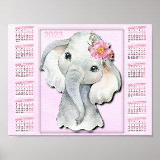 2023 Kinderkalender, Waterverf Olifant, Bloemen Poster