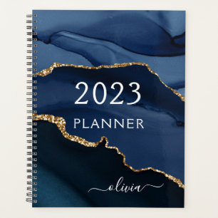 2023 Marine Blue Gold Agate Geode Script Monogram