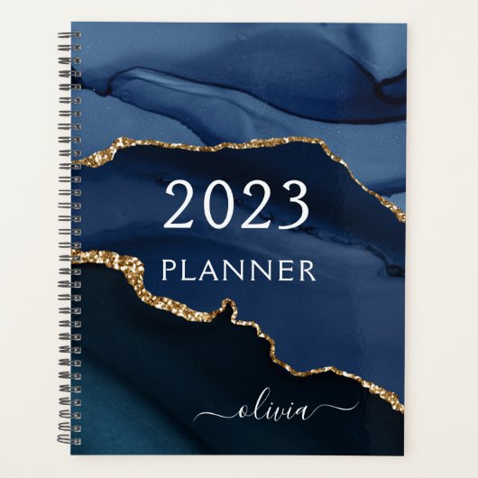 2023 Marine Blue Gold Agate Geode Script Monogram (Devant)