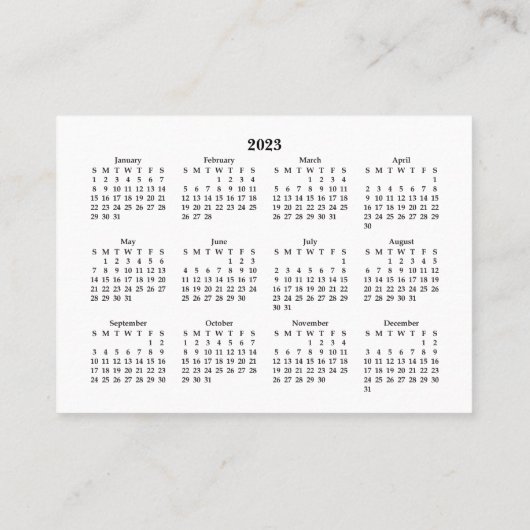 2023 Mini Calendar SUNDAY Start White Visitekaartje (Achterkant)