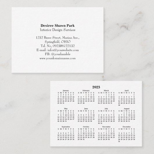 2023 Mini Calendar SUNDAY Start White Visitekaartje (Voorkant / Achterkant)