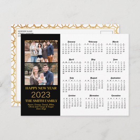 2023 Modern Gold Glitter Script 2 Photo Calendar Briefkaart (Voorkant / Achterkant)