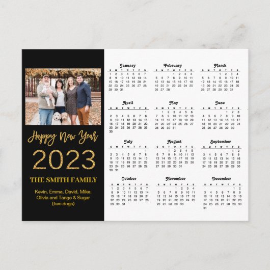 2023 Moderne Gold Glitter Script Photo Calendar Briefkaart (Voorkant)