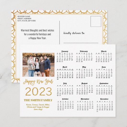 2023 Moderne Gold Glitter Script Photo Calendar Briefkaart (Voorkant / Achterkant)