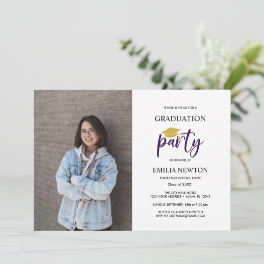 2023 Paarse Gold Photo Graduation Party Kaart (Staand voorkant)