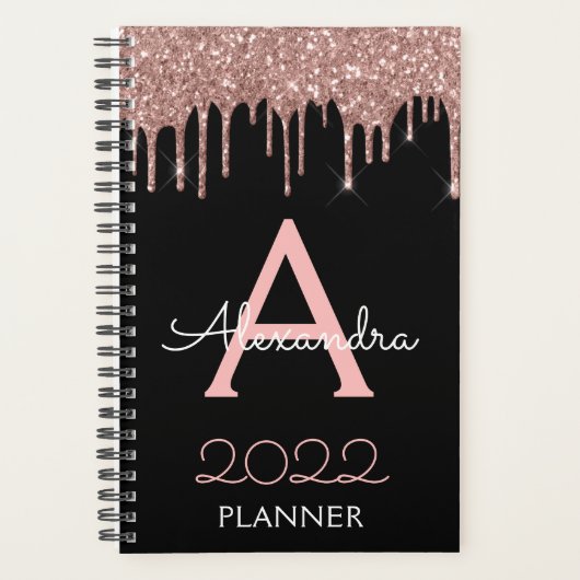 2023 Roze Goud - Blozend Roze Zwart Glitter Monogr Planner (Voorkant)