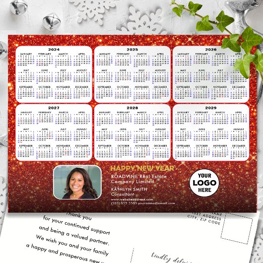 2024 - 2029 Kalender Modern Rood Glitter Corporate Feestdagenkaart