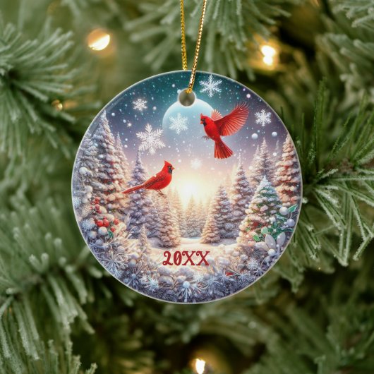 2024 Aangepaste Rode Kardinaal Winter Scene Keramisch Ornament (Boom)