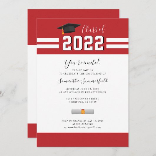 2024 Afstudeerfeest Eenvoudig Rood Wit Kaart (Voorkant / Achterkant)