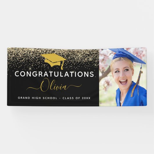 2024 Afstuderen Glitter Zwart Goud Spandoek (Horizontaal)