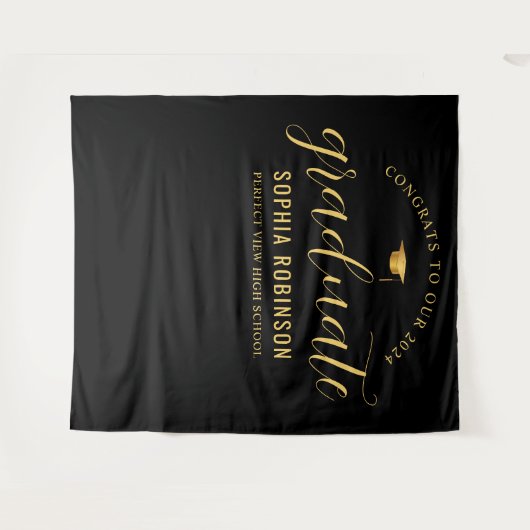 2024 Afstuderen Goud Zwart Afstudeerfeest Wandkleed (Voorkant (horizontaal))