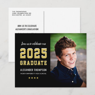 2024 Afstuderen Zwart Goud Graduation Party Foto Uitnodiging Briefkaart