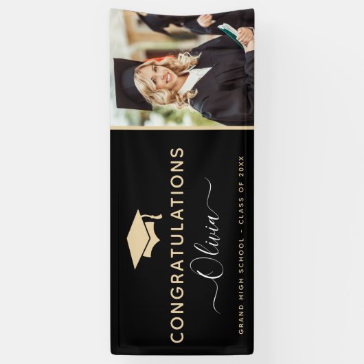 2024 Afstuderen Zwart Goud High School College Spandoek (Verticaal)