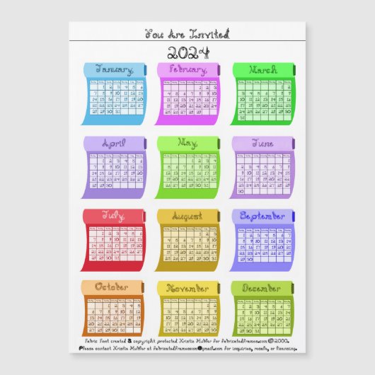 2024 Calendar Fabrics Fabric Font U bent uitgenodi Magnetische Uitnodiging (Voorkant)