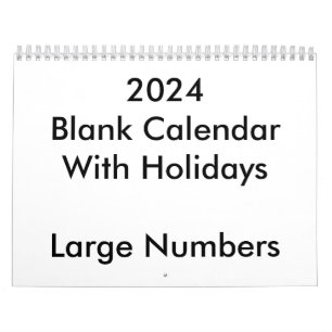 2024 Calendrier Blanc Avec Vacances Nombres Grands