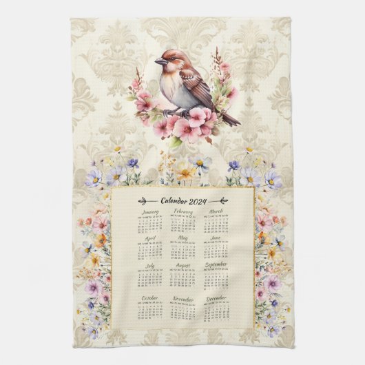 2024 Calendrier Épervier de serviette avec Fleurs  (Vertical)
