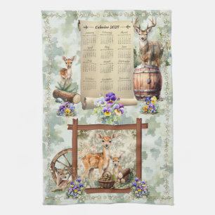 2024 Calendrier Serviette Deer Buck Pansies Acorns