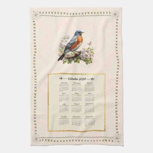 2024 Calendrier Serviette Robin Oiseau Pêcher Dama (Vertical)