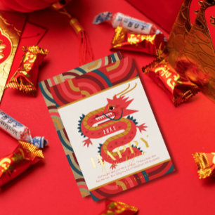 2024 Dragon Red Chinees Nieuwjaarsfeest Folie Uitnodiging