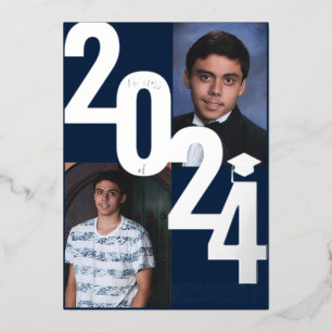 2024 Echte Folie Zilver Metallic Afstuderen Foto Folie Uitnodiging