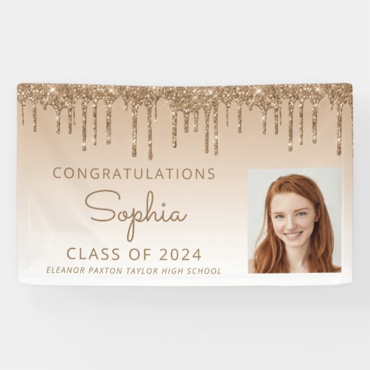 2024 Foto Gold Glitter Drip Afstuderen Spandoek (Horizontaal)