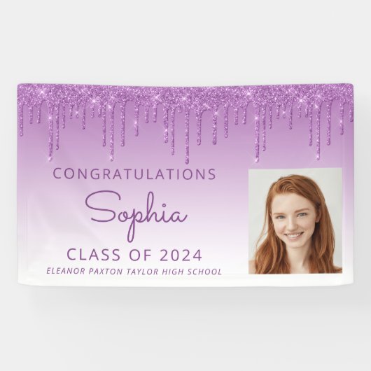 2024 Foto Paarse Glitter Drip Afstuderen Spandoek (Horizontaal)