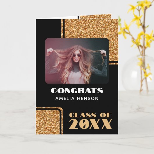 2024 Gefeliciteerd Afstuderen Gouden Glitter 2 Fot Kaart (Gele Bloem)