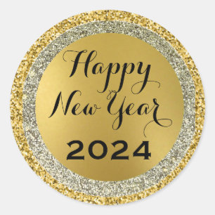 2024 Gelukkig Nieuwjaar, Gouden Metallic Sparkles Ronde Sticker