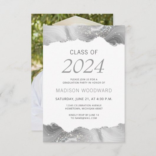 2024 Graduation Photo Grey Argent Agate Invitation (Devant / Derrière)
