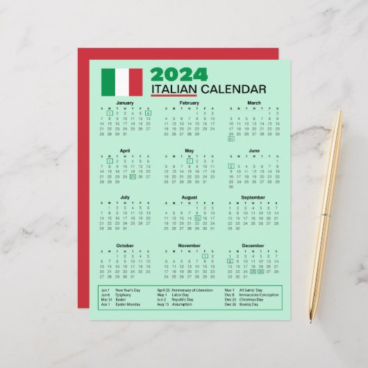 2024 Italiaans Kalender met Feestdagen | Kalender (Voorkant / Achterkant in situ)
