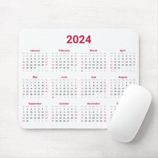 2024 Jaar in een oogopslag Rode en witte kalender Muismat (Met muis)