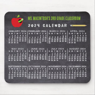 2024 Jaar Kalender Chalkboard School Docent Naam Muismat